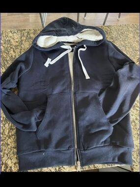 Navy Zip-Up Hoodie with Sherpa Lining In Medium
